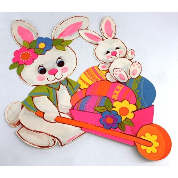 Easter Bunny Wheelbarrow Cart Die Cut Wall Window Decor Glows 13 x 10" Vtg - Picture 1 of 5